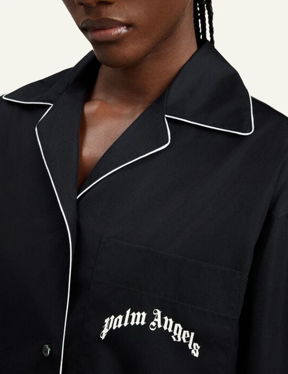 Palm Angels bowling shirt black short sleeve piping logo chest front model view