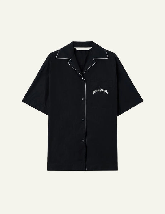 Palm Angels bowling shirt black short sleeve piping logo chest front flat view