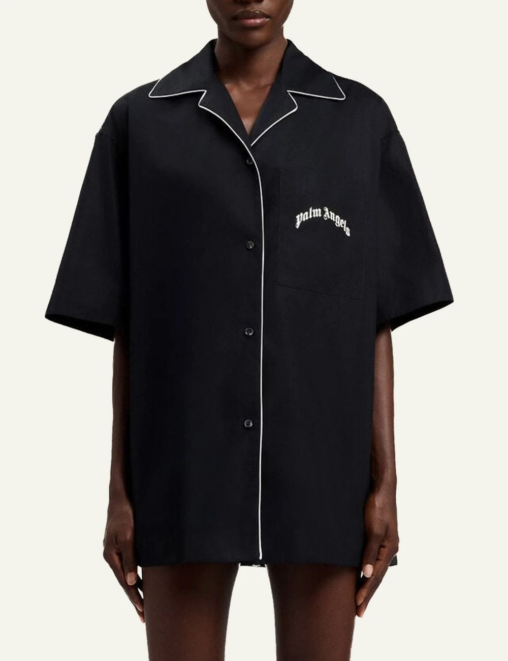 Palm Angels bowling shirt black short sleeve piping logo chest front model view