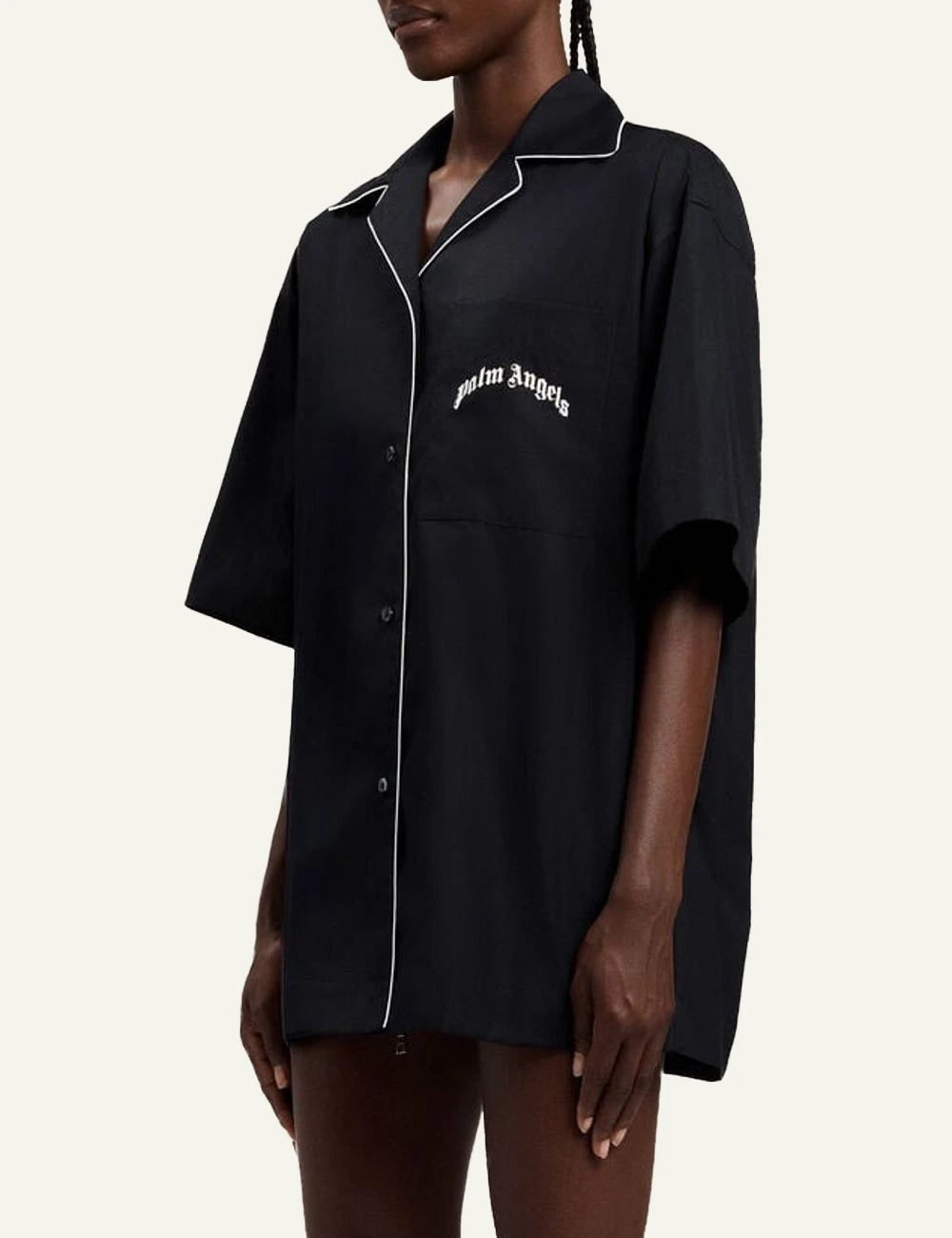 Palm Angels bowling shirt black short sleeve piping logo chest side view