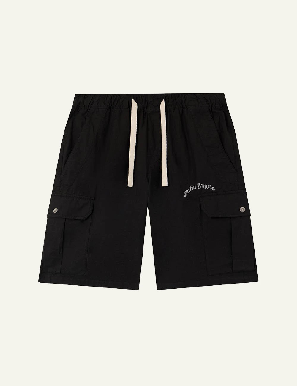 palm angels cargo shorts black logo front flat view