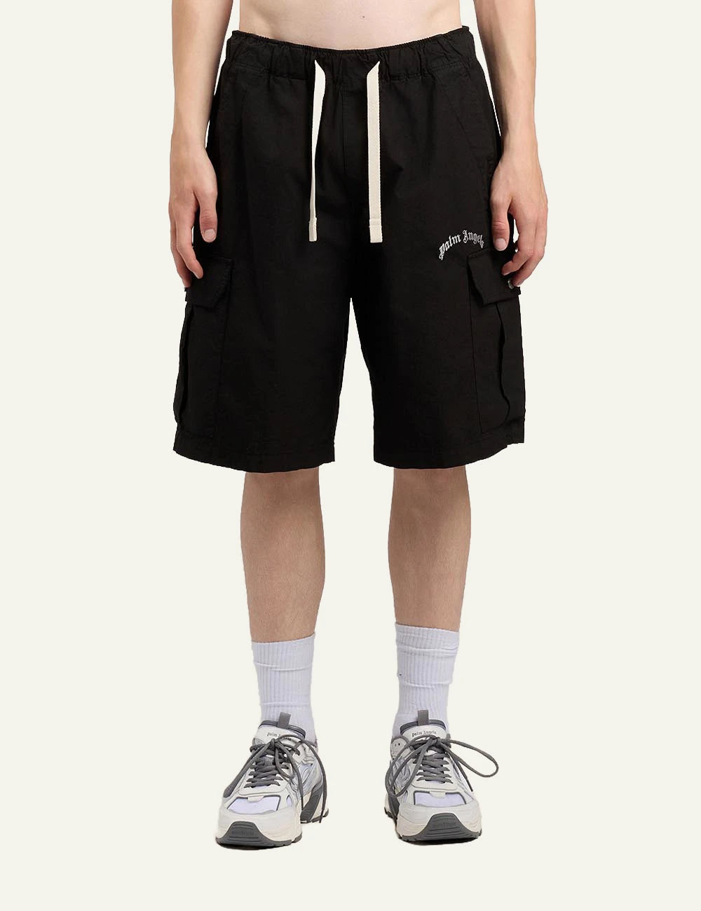 palm angels cargo shorts black logo front model view