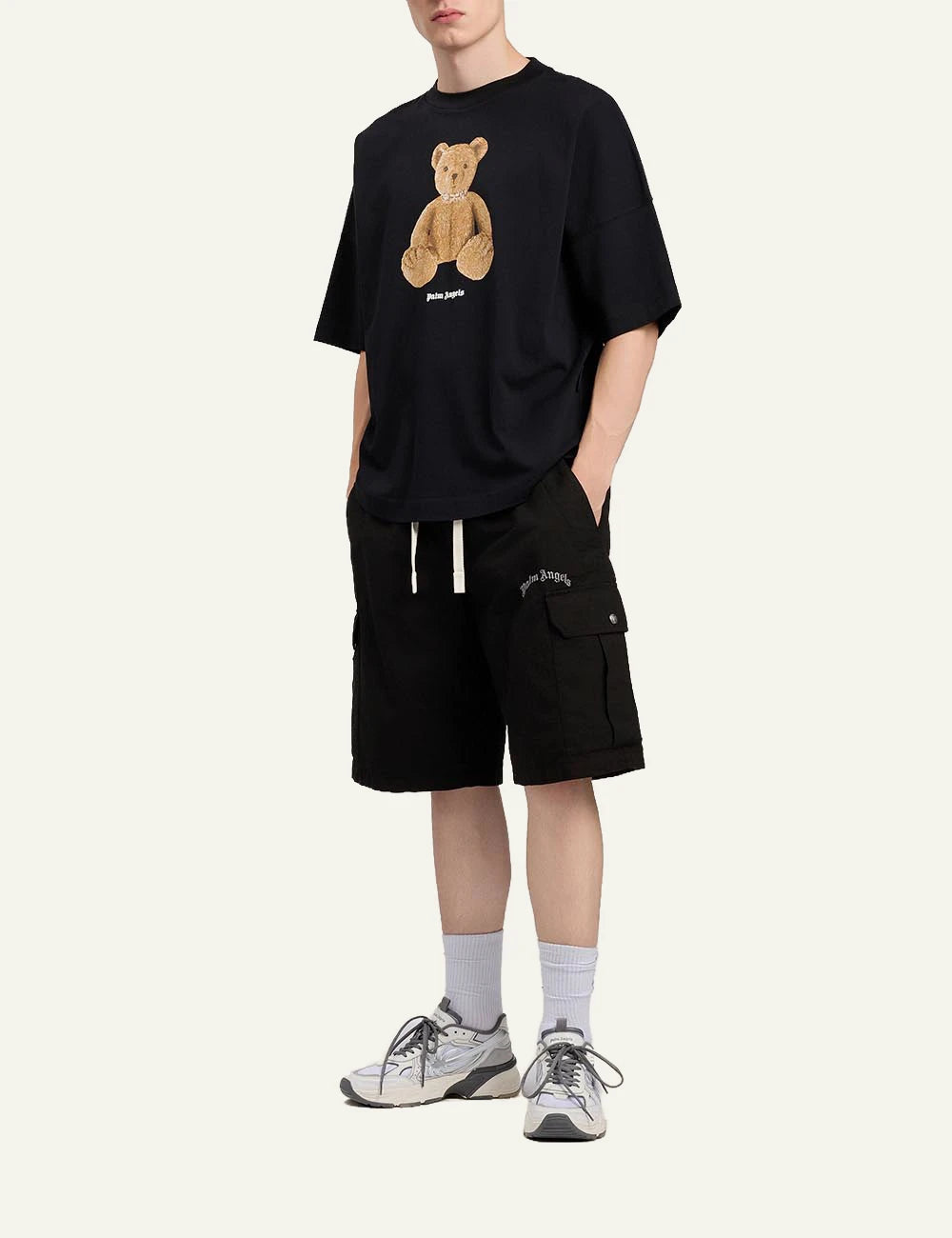 palm angels cargo shorts black logo front full body view