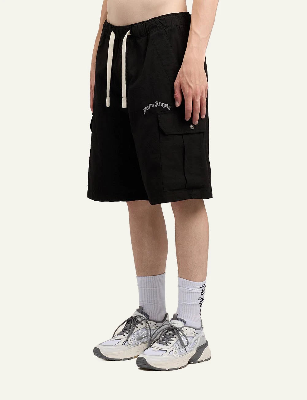 palm angels cargo shorts black logo side view