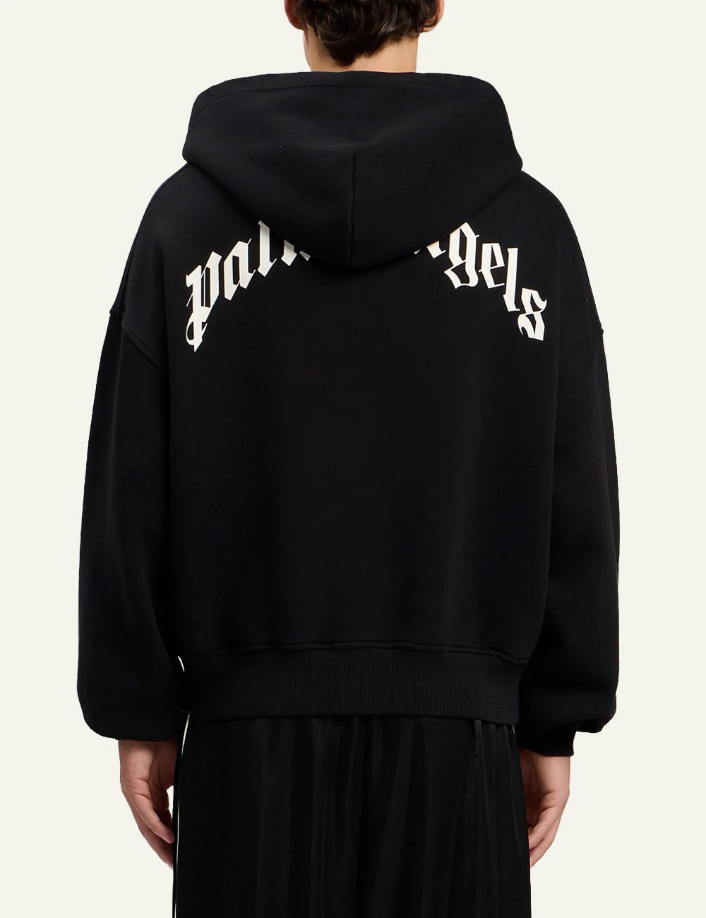 Palm Angels hoodie black zip-up loose fit kangaroo pocket back flat view