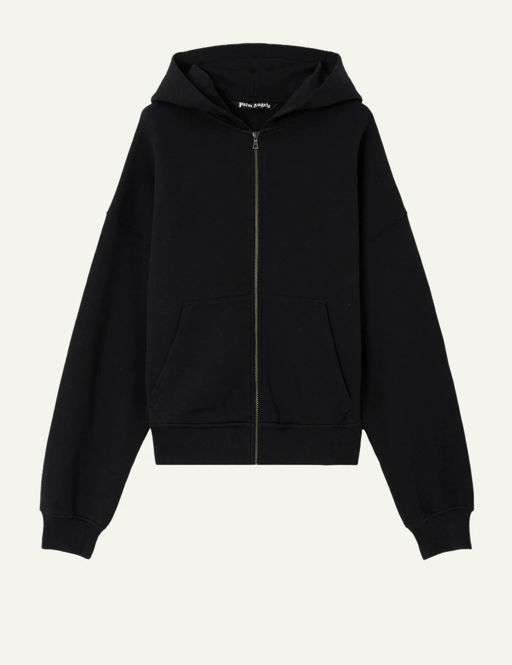 Palm Angels hoodie black zip-up loose fit kangaroo pocket front flat view