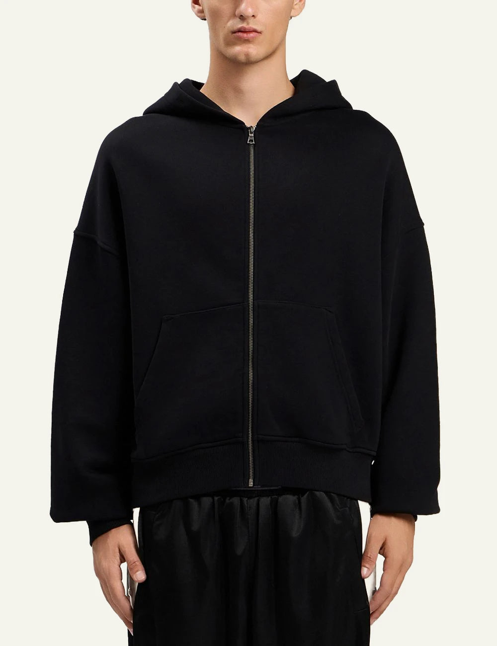 Palm Angels hoodie black zip-up loose fit kangaroo pocket front model view