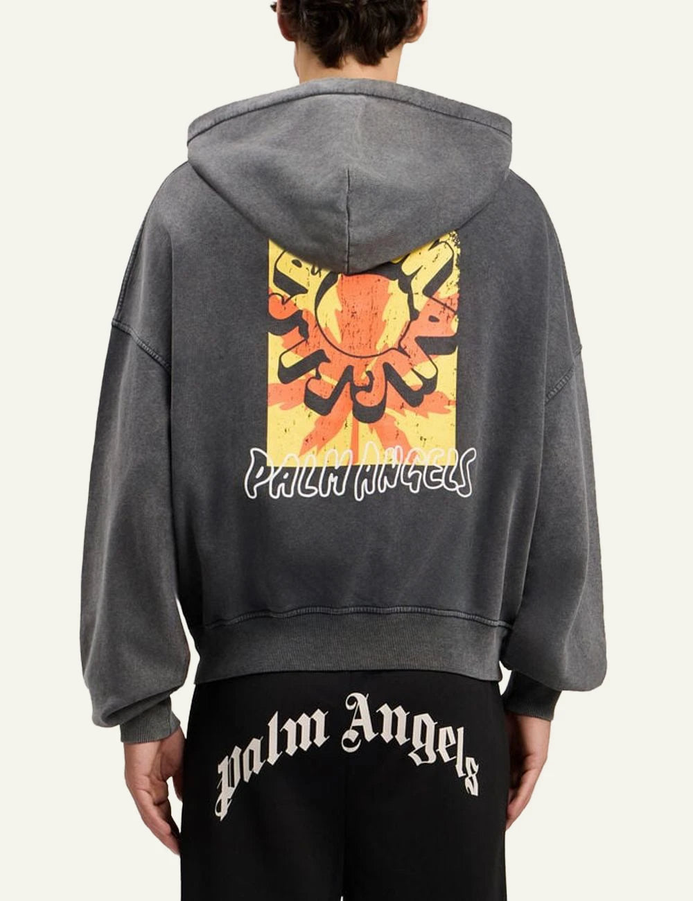 Palm Angels hoodie grey zip-up loose fit front logo kangaroo pocket back model view
