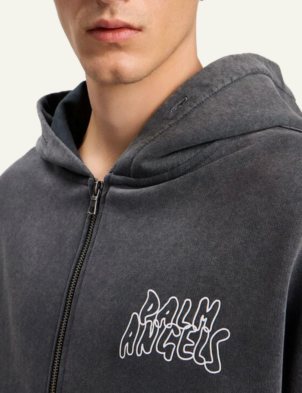 Palm Angels hoodie grey zip-up loose fit front logo kangaroo pocket front detail model view