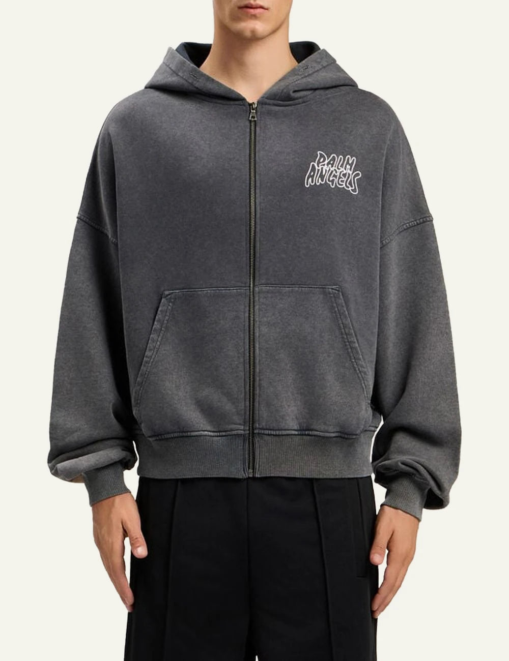 Palm Angels hoodie grey zip-up loose fit front logo kangaroo pocket front model view