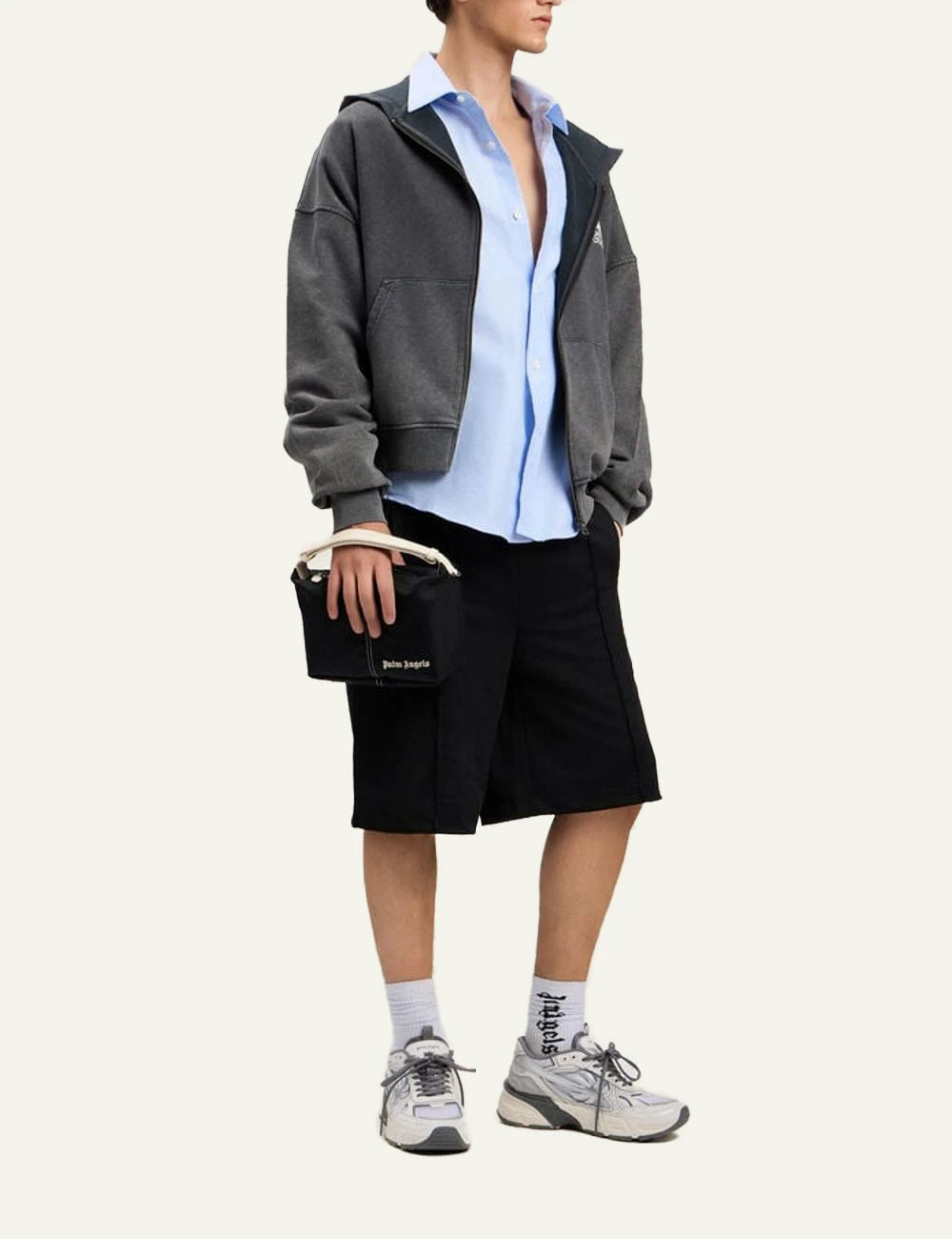 Palm Angels hoodie grey zip-up loose fit front logo kangaroo pocket front full body model view