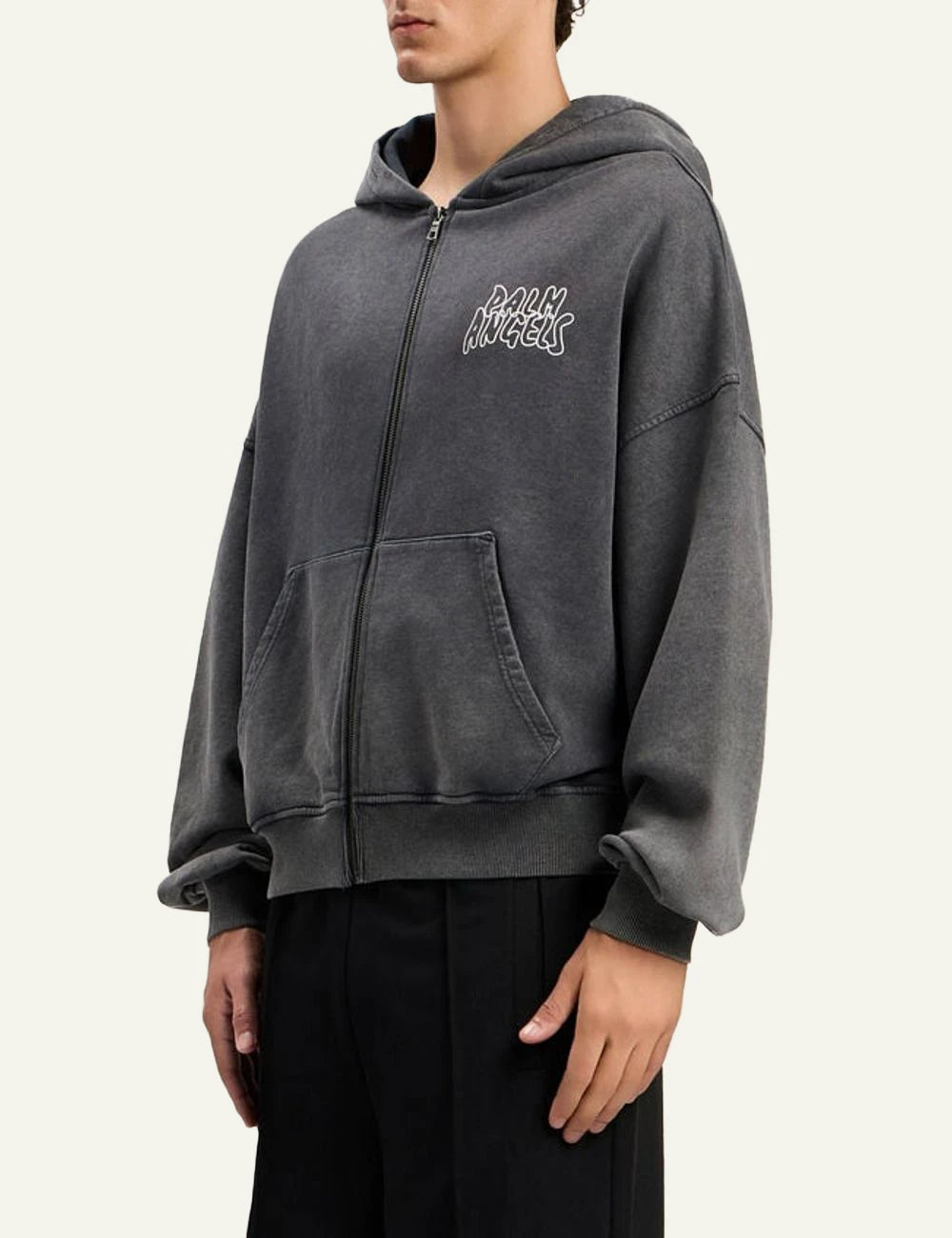 Palm Angels hoodie grey zip-up loose fit front logo kangaroo pocket side model view