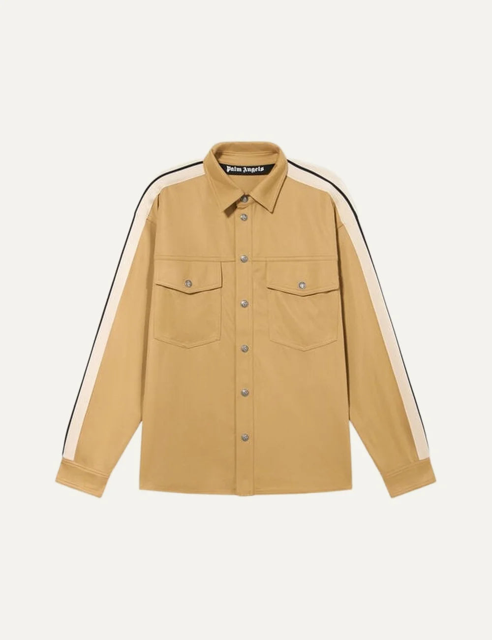 Palm Angels men's beige technical jersey shirt with white and black sleeve stripes, metal snap-button front, pointed collar and two flap chest pockets.