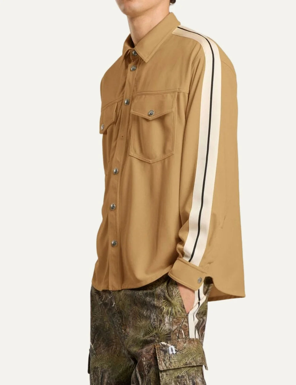 Palm Angels men's beige technical jersey shirt with white and black sleeve stripes, metal snap-button front, pointed collar and two flap chest pockets side