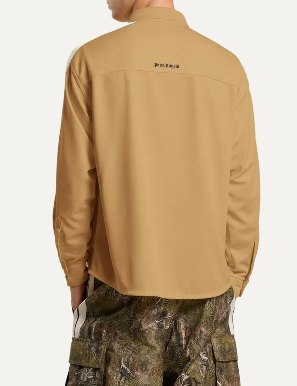 Palm Angels men's beige technical jersey shirt with white and black sleeve stripes, metal snap-button front, pointed collar and two flap chest pockets back