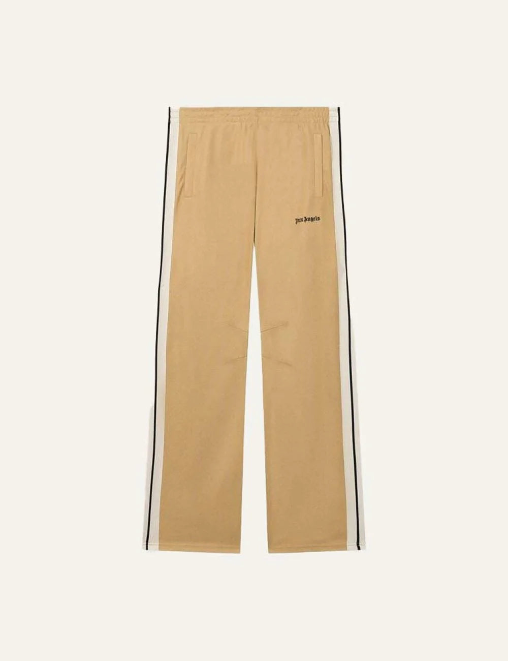 Palm Angels men's beige straight leg track pants with white side stripes outlined in black, elastic waistband, side pockets and embroidered black logo.