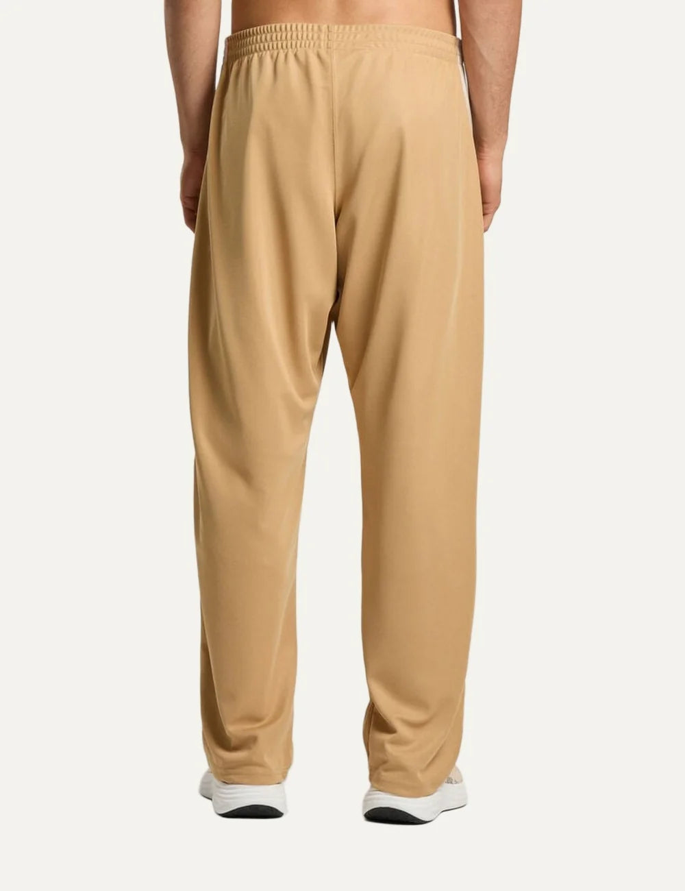 Palm Angels men's beige straight leg track pants with white side stripes outlined in black, elastic waistband, side pockets and embroidered black logo back
