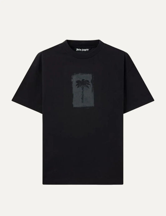 Men's Palm Angels black cotton regular fit T-shirt with brushed palm tree graphic and gothic logo on the chest