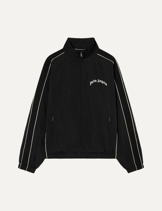 Palm Angels men's black windbreaker jacket with white curved logo on the chest, contrast piping along the sleeves, stand collar and full zip closure.