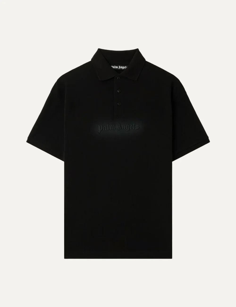 Palm Angels men's black cotton polo shirt with tonal black spray-effect logo on the chest, classic polo collar, three-button placket and short sleeves.