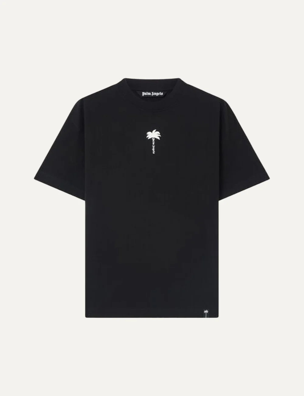 Palm Angels men's black cotton crew neck T-shirt with short sleeves, a small white palm tree logo print on the chest and a regular fit.