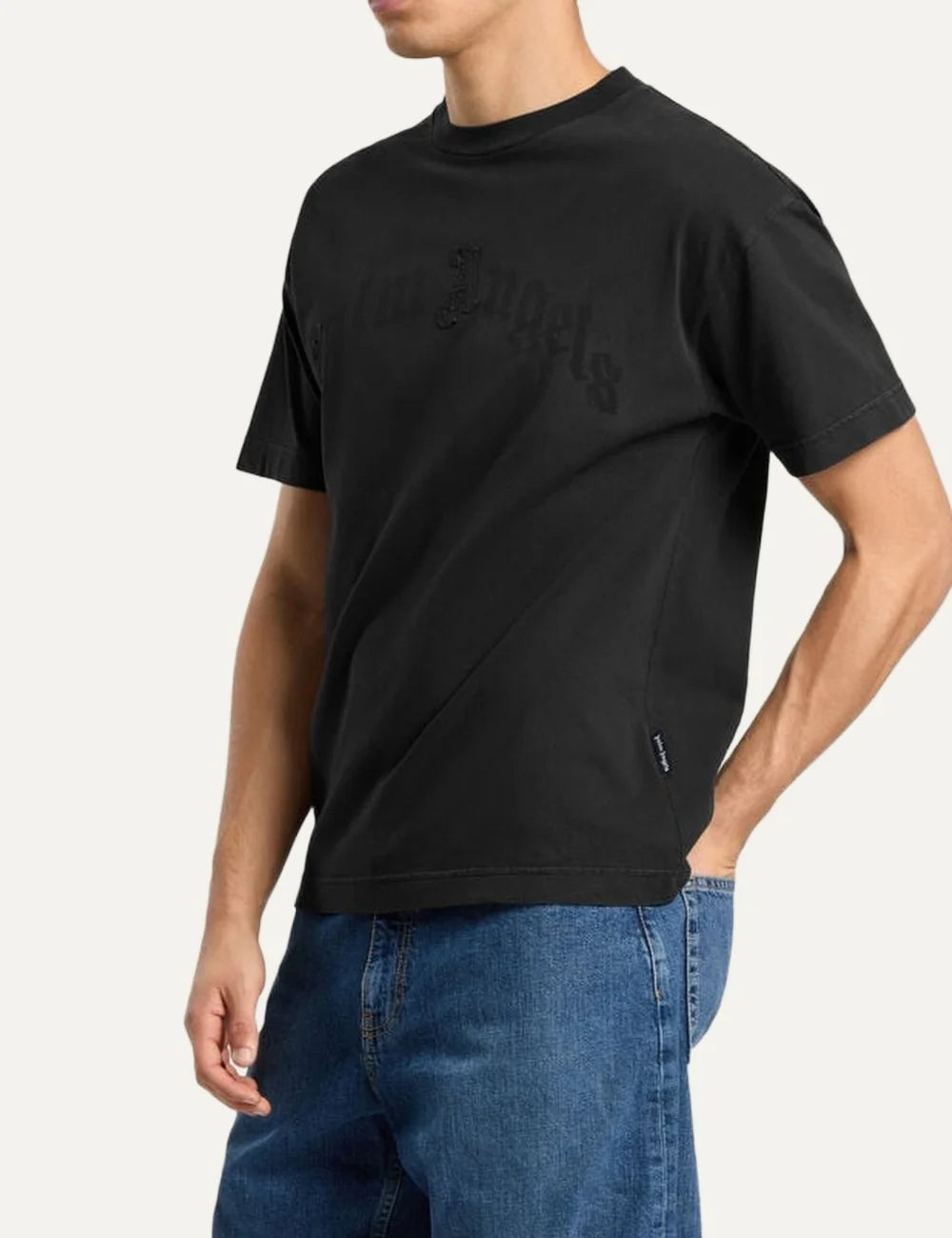 Palm Angels men's black cotton crew neck T-shirt with short sleeves and tonal black arched gothic logo patch embroidered across the chest side