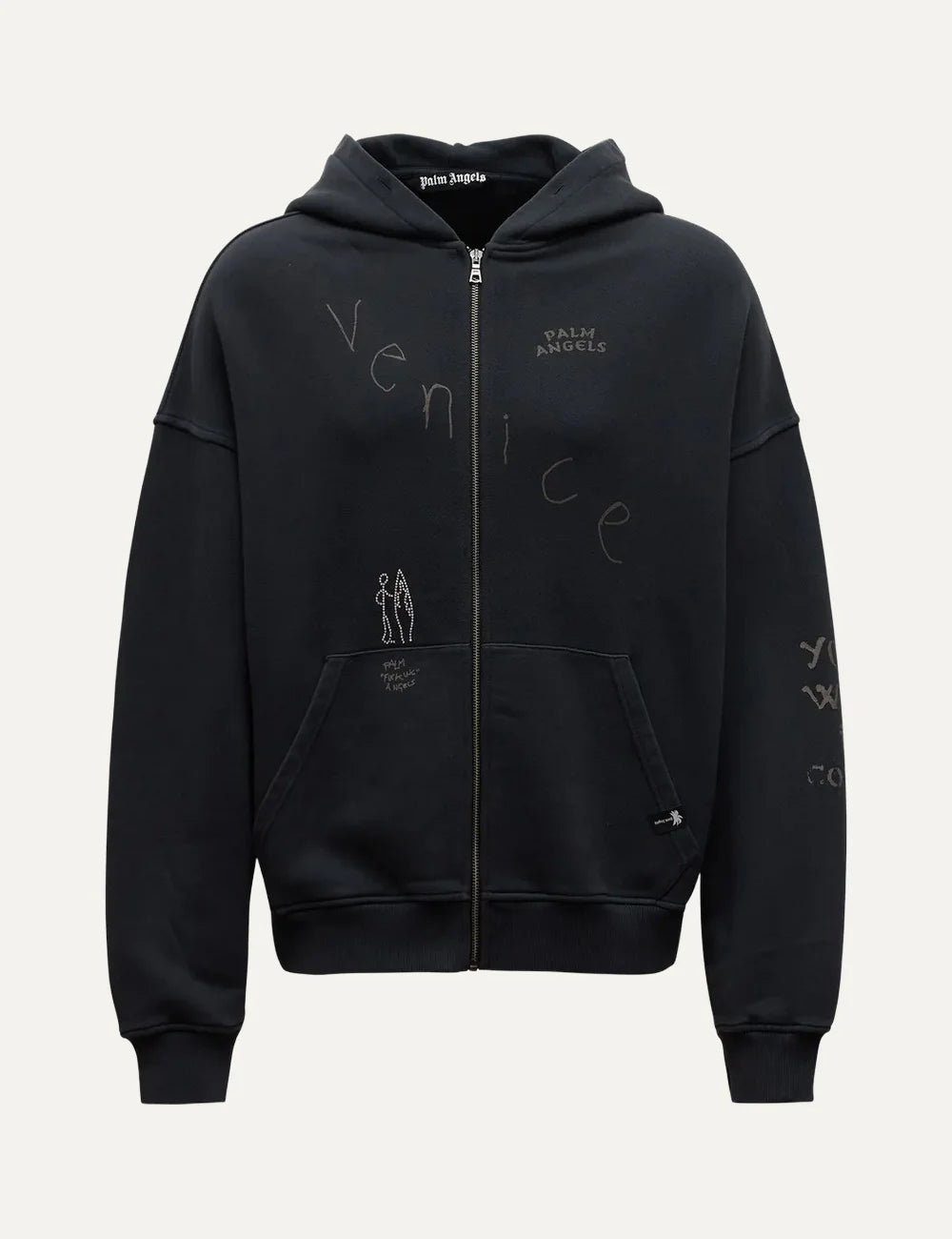 Palm Angels men's black cotton zip-up hoodie with graffiti-style Venice lettering, graphic prints, chest logo, kangaroo pockets and ribbed cuffs.