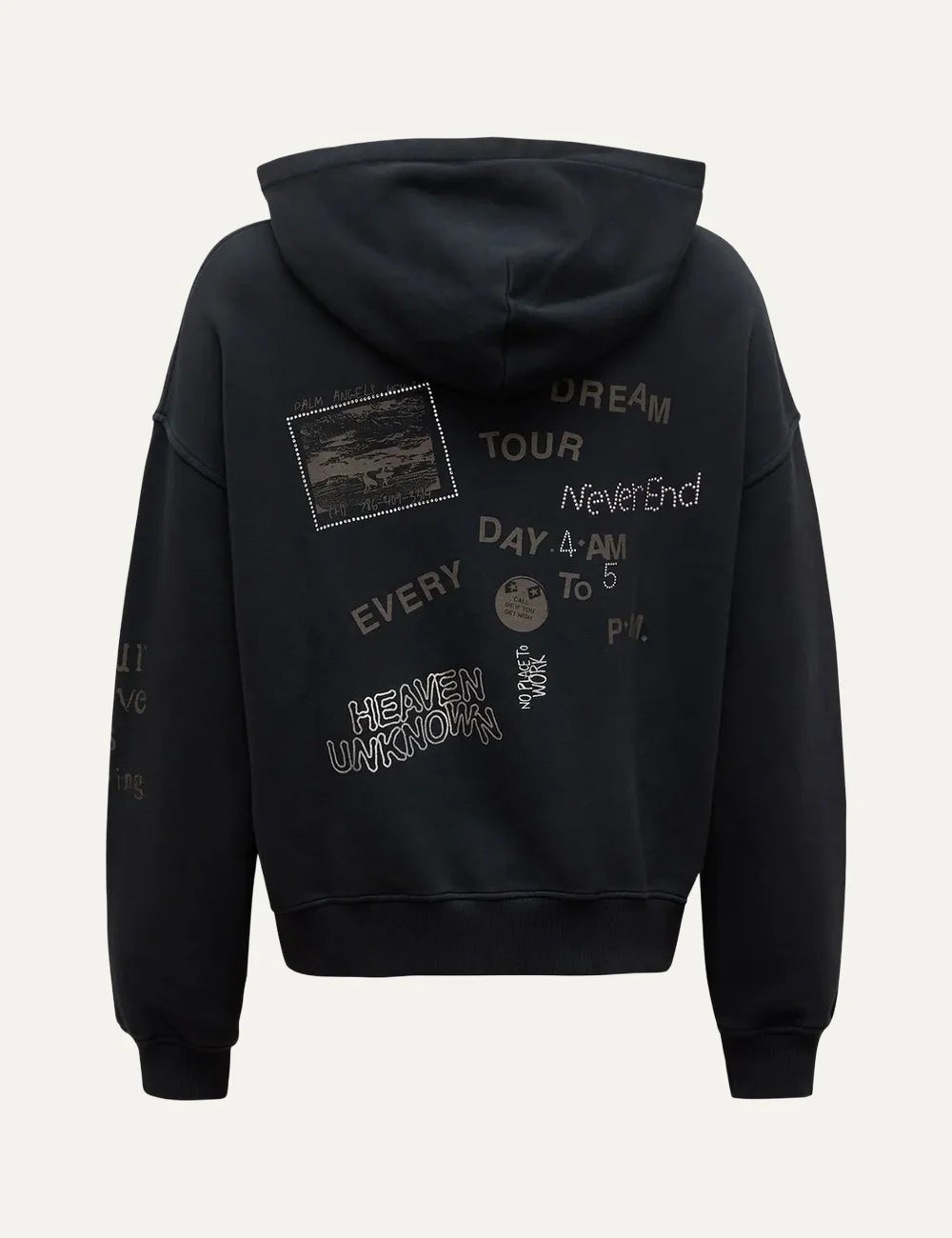Palm Angels men's black cotton zip-up hoodie with graffiti-style Venice lettering, graphic prints, chest logo, kangaroo pockets and ribbed cuffs back