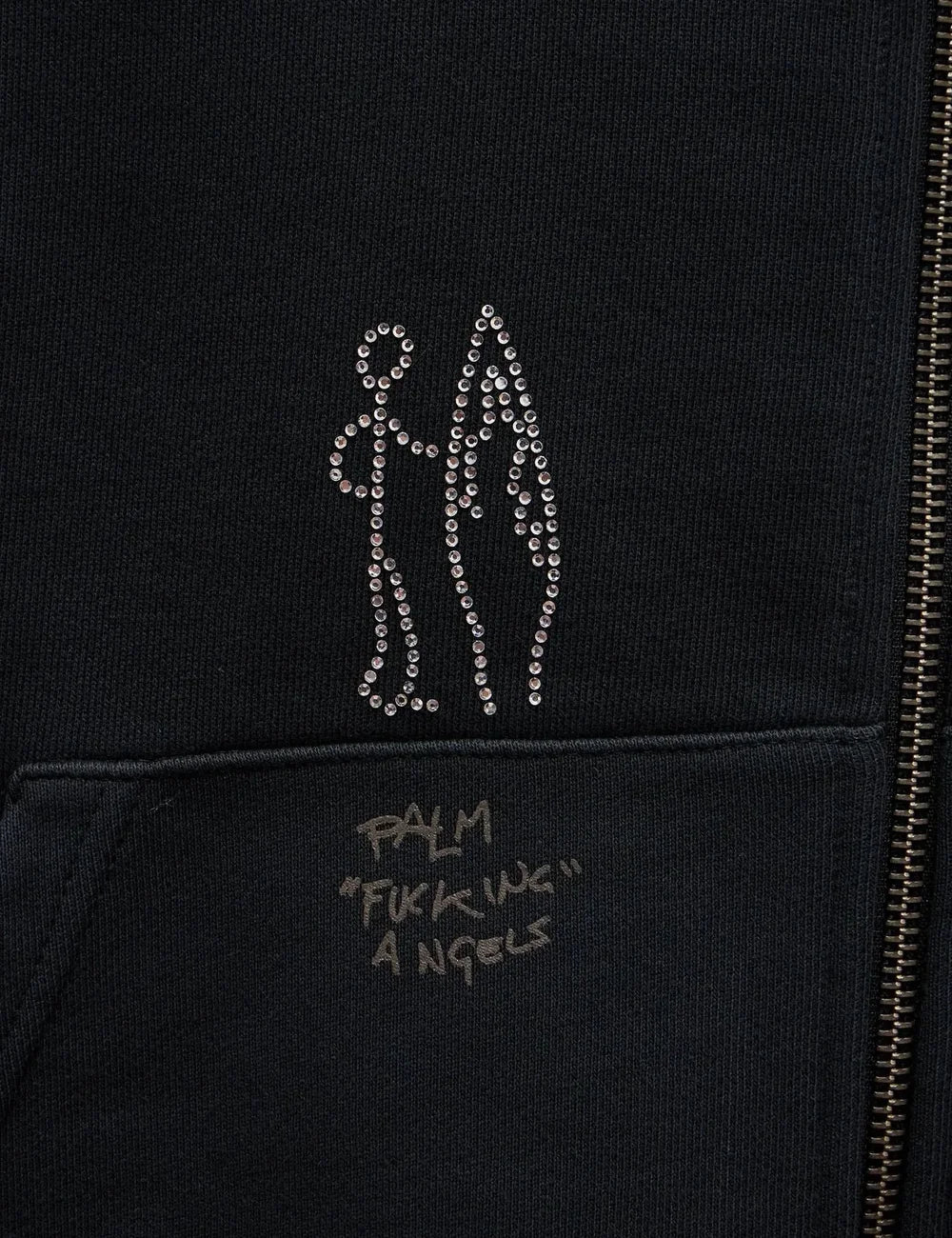 Palm Angels men's black cotton zip-up hoodie with graffiti-style Venice lettering, graphic prints, chest logo, kangaroo pockets and ribbed cuffs detail