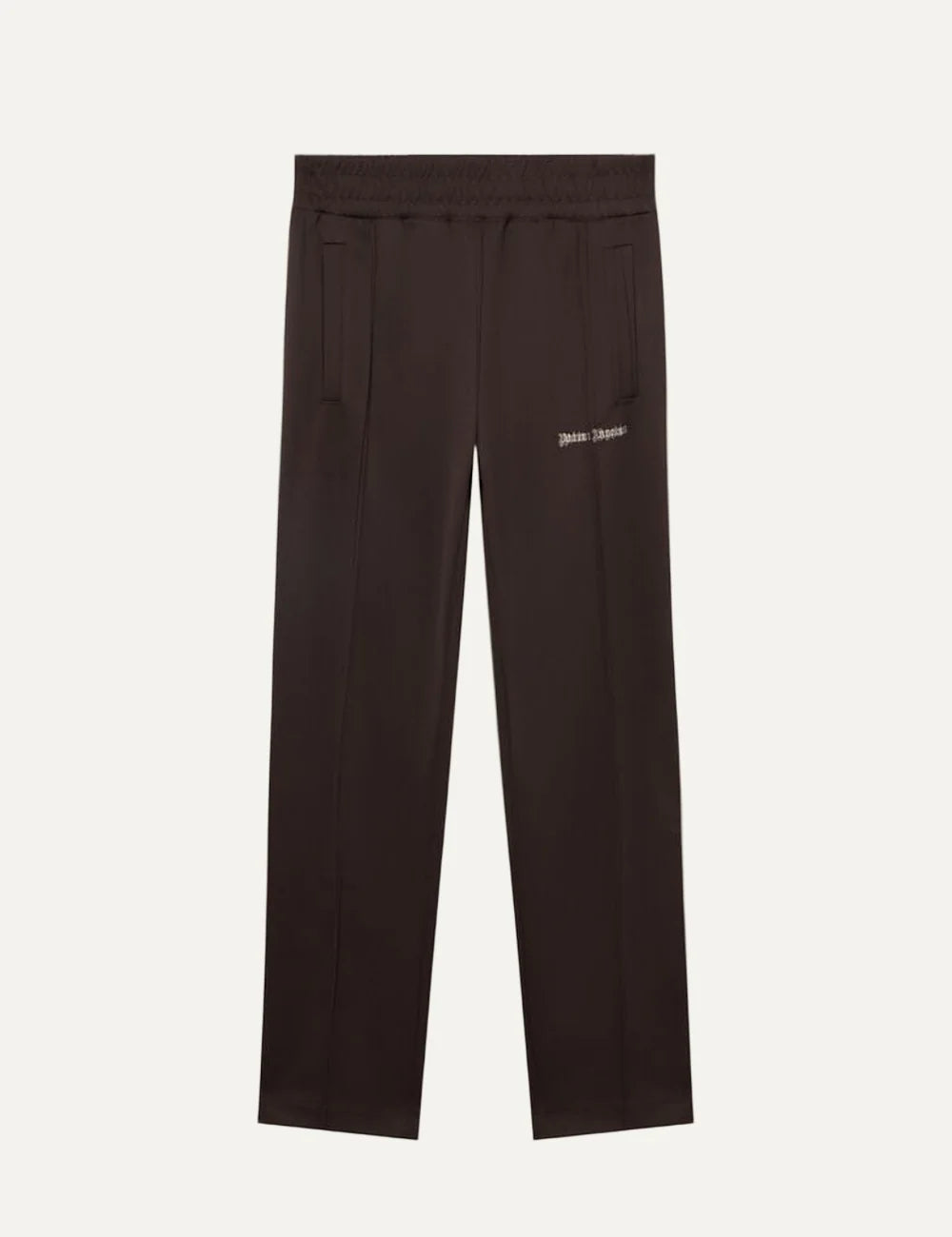 Palm Angels men's dark brown straight leg track pants with elastic waistband, front pintuck seams, side pockets, zipped ankle hems and logo at the hip.