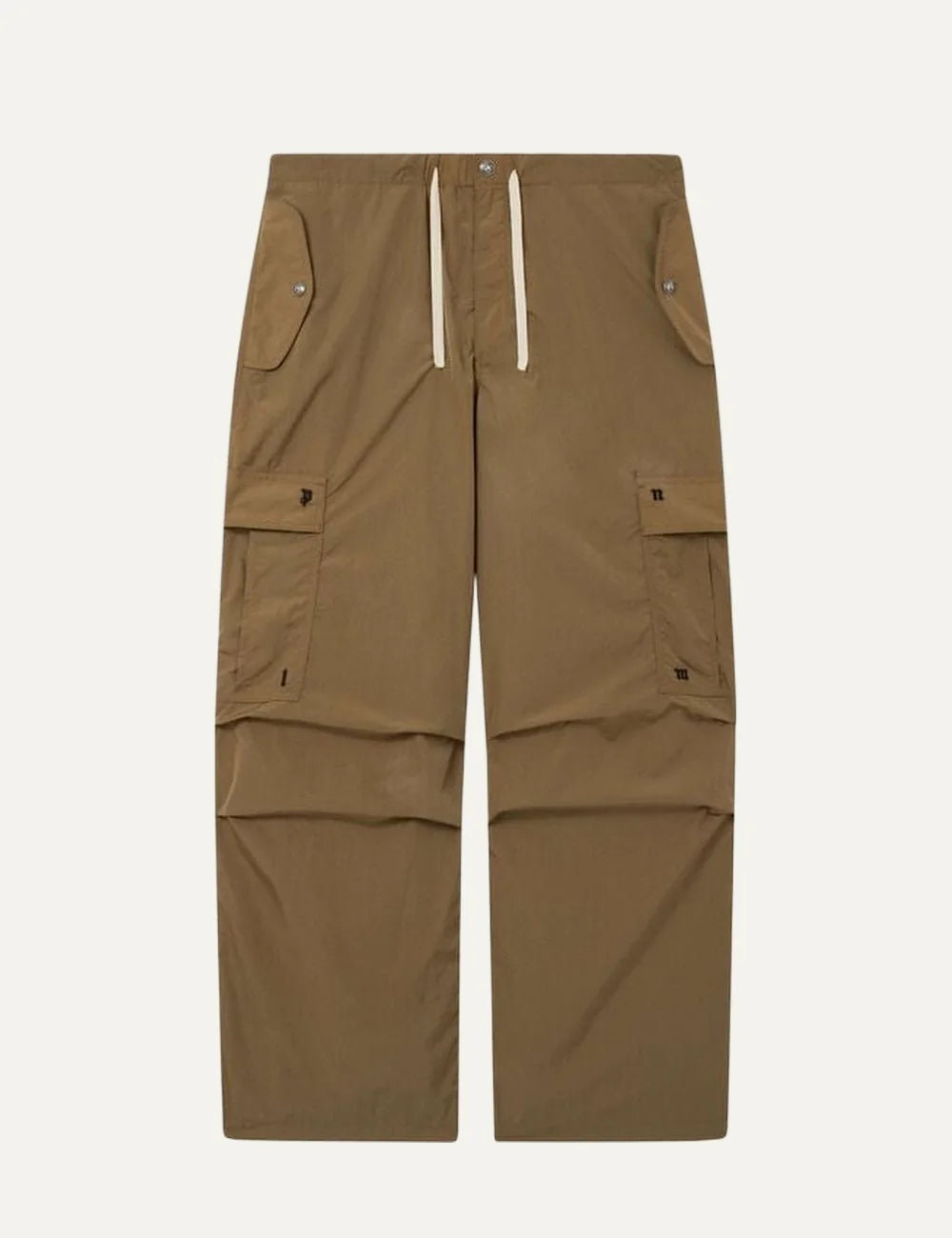Palm Angels men's khaki brown loose wide leg cargo pants with drawstring waist, flap pockets with snap closures and lightweight crinkled fabric.