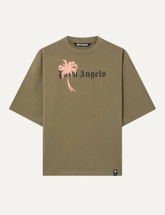 Men's Palm Angels khaki cotton loose fit T-shirt with gothic logo and pink palm tree graphic on the chest