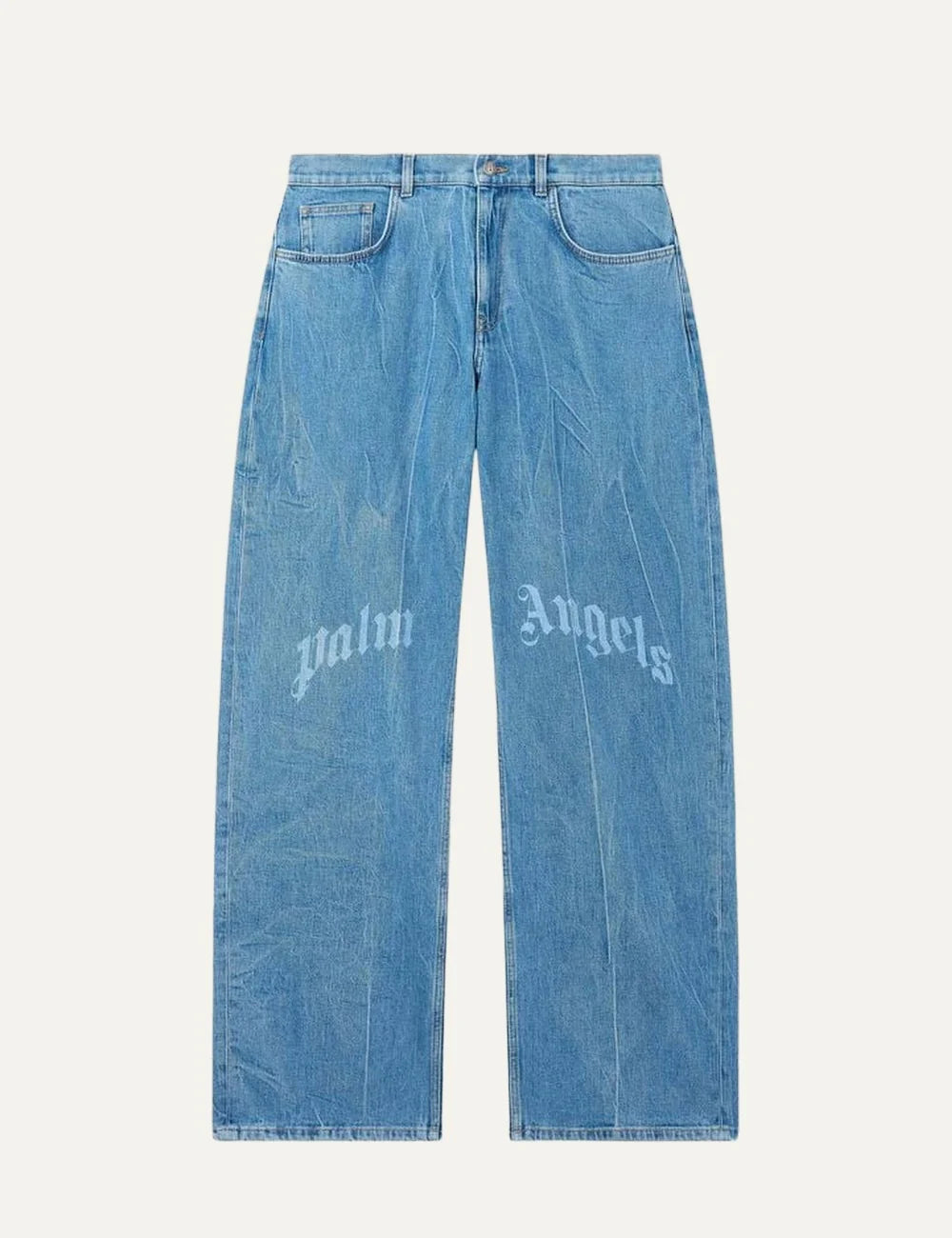Palm Angels men's light blue washed loose fit jeans with wide straight legs, five-pocket design and split gothic Palm Angels logo across the front thighs.