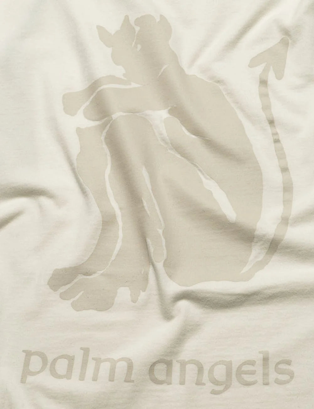 Palm Angels men's off-white cotton jersey T-shirt with dropped shoulders, ribbed crew neck, subtle tonal logo print on the left chest and a small branded hem tab detail