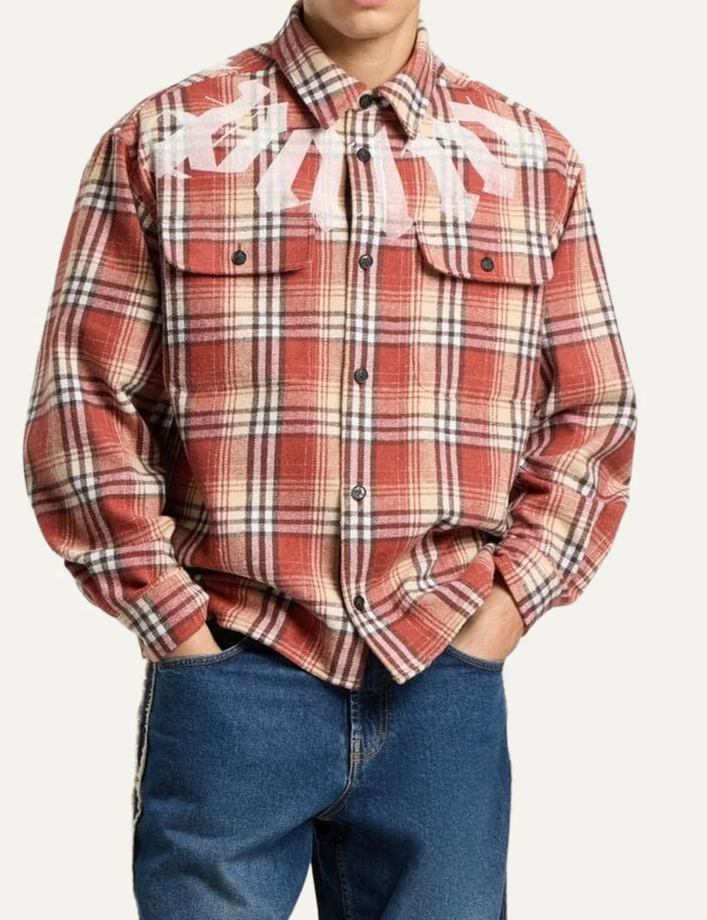 Palm Angels men's rust red, beige and black check flannel overshirt with oversized distressed white logo print, button front and two flap chest pockets model