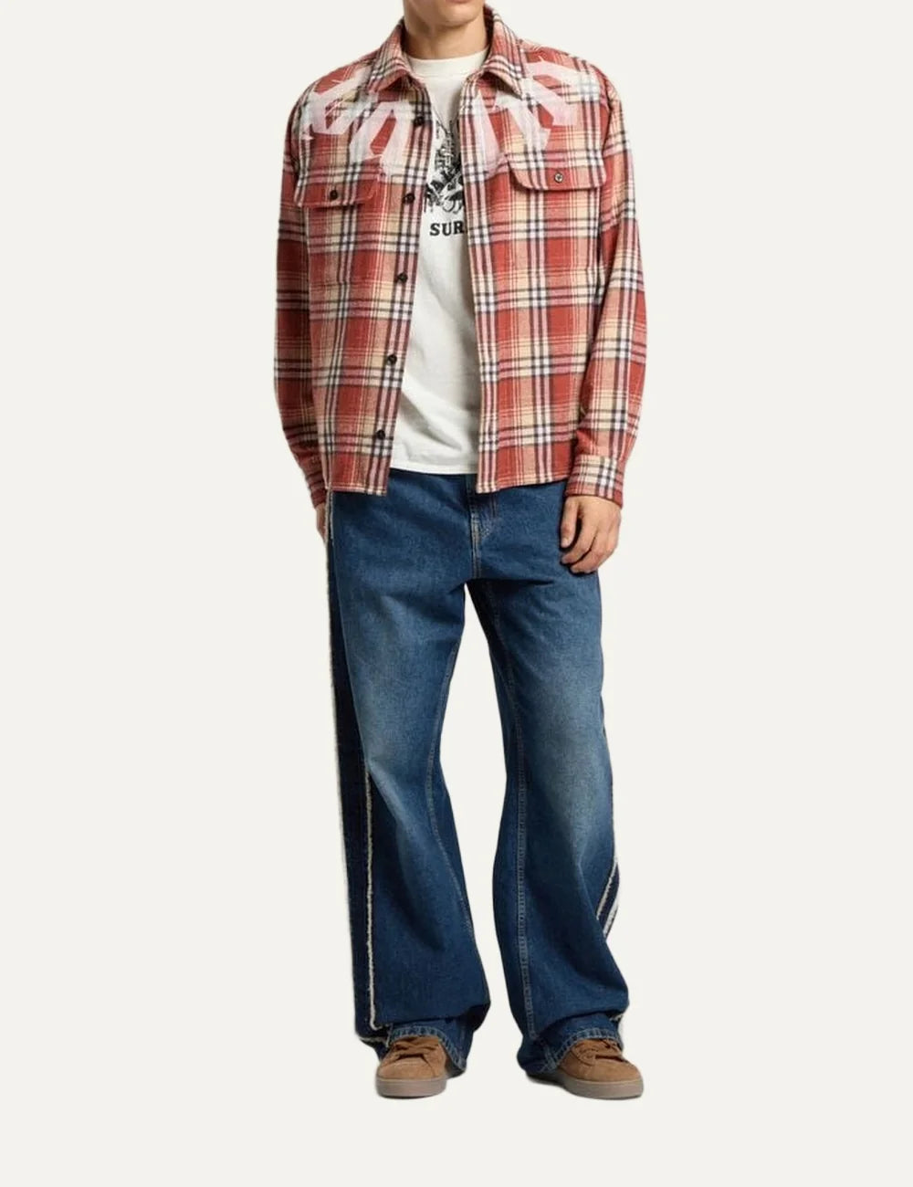Palm Angels men's rust red, beige and black check flannel overshirt with oversized distressed white logo print, button front and two flap chest pockets full body