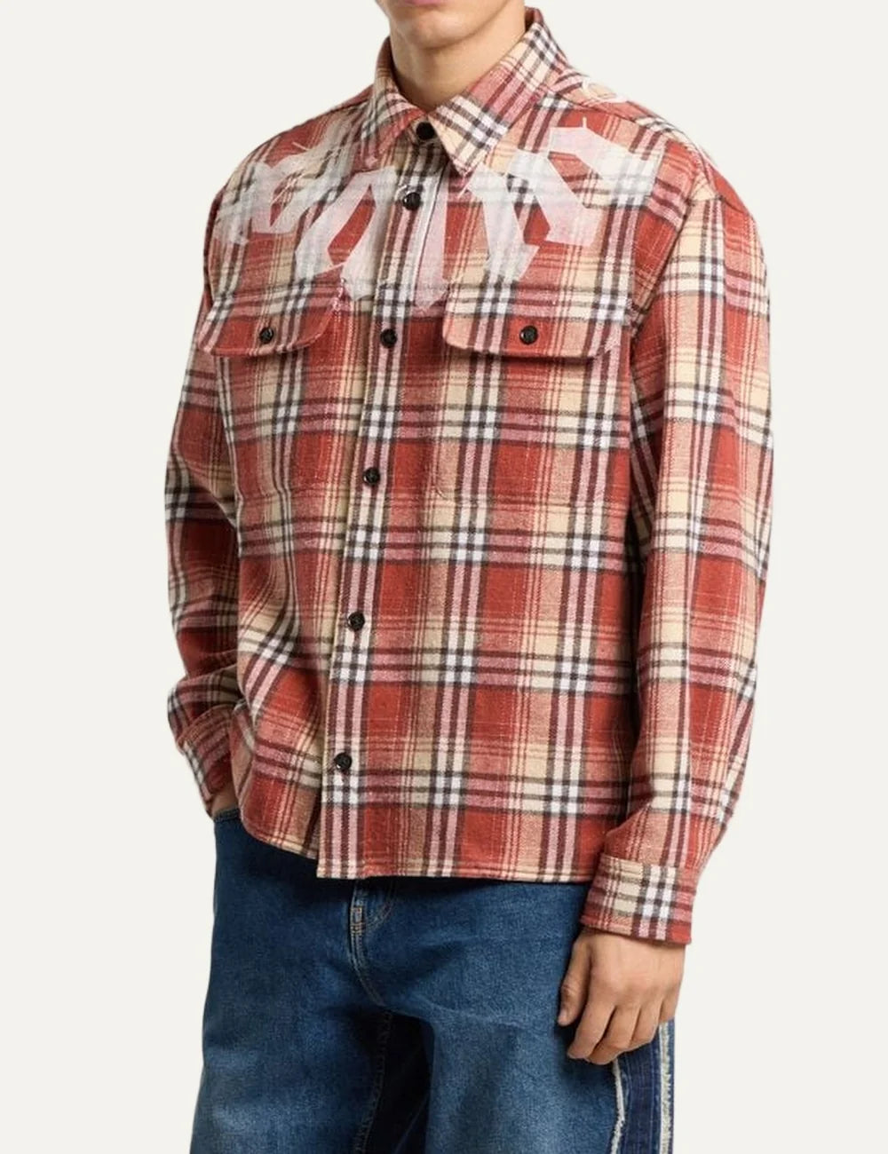 Palm Angels men's rust red, beige and black check flannel overshirt with oversized distressed white logo print, button front and two flap chest pockets side