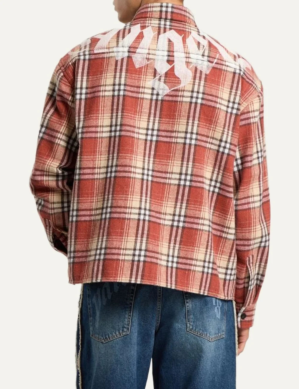 Palm Angels men's rust red, beige and black check flannel overshirt with oversized distressed white logo print, button front and two flap chest pockets.