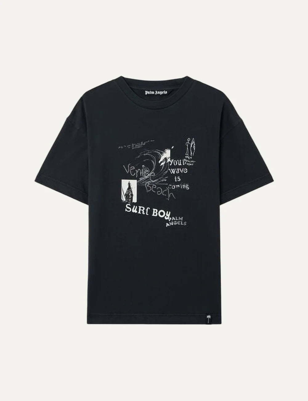 Palm Angels men's washed black cotton T-shirt with white hand-drawn surf graphics, wave illustration, Venice Beach and Surf Boy lettering on the chest.