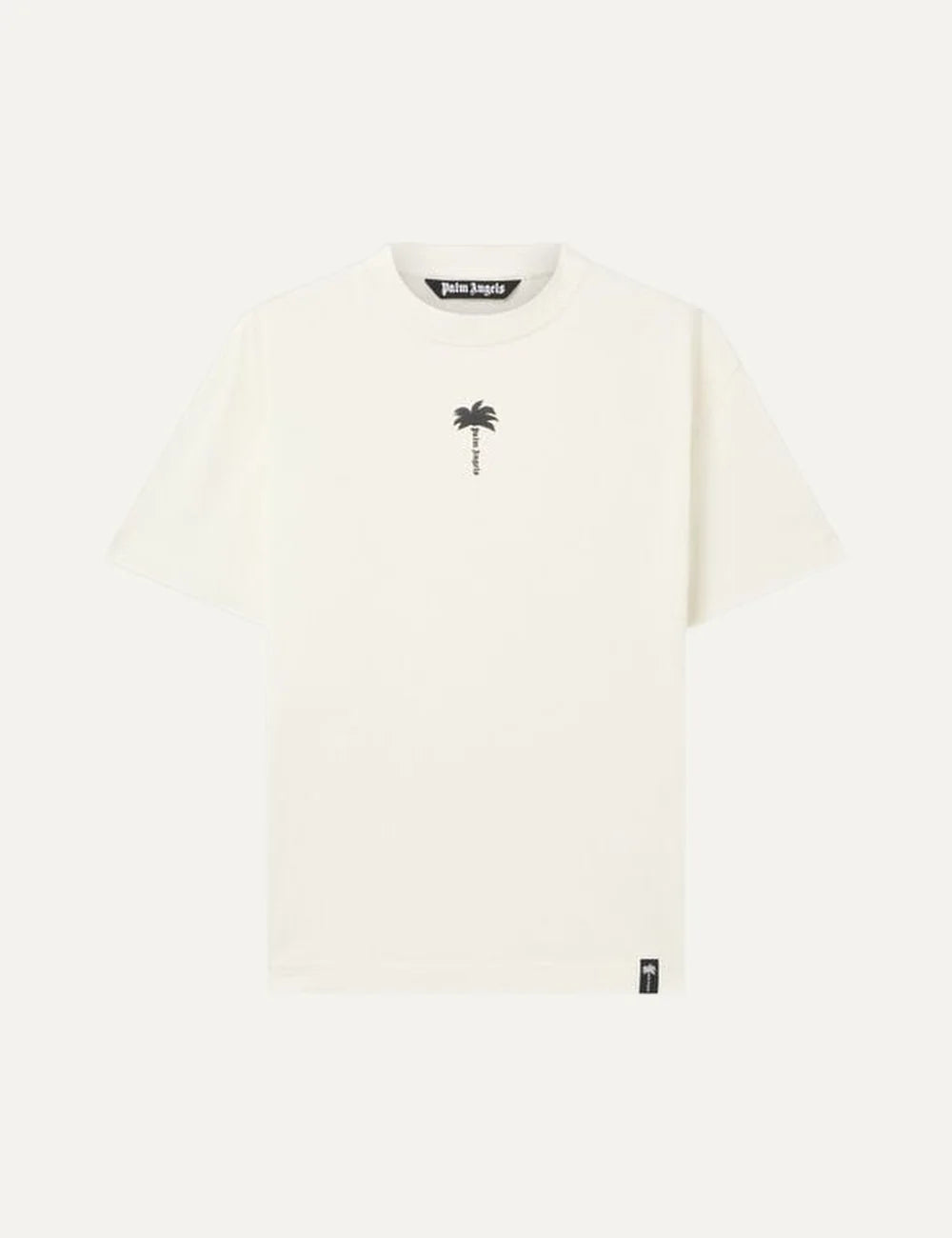 Palm Angels men's white cotton crew neck T-shirt with short sleeves, a small black palm tree logo print on the chest and a regular fit.