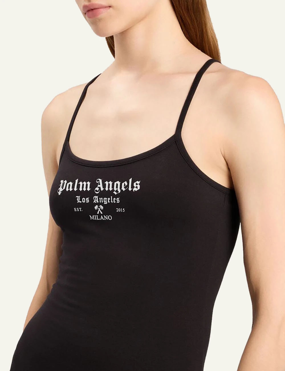 palm angels mini dress black logo front detail view