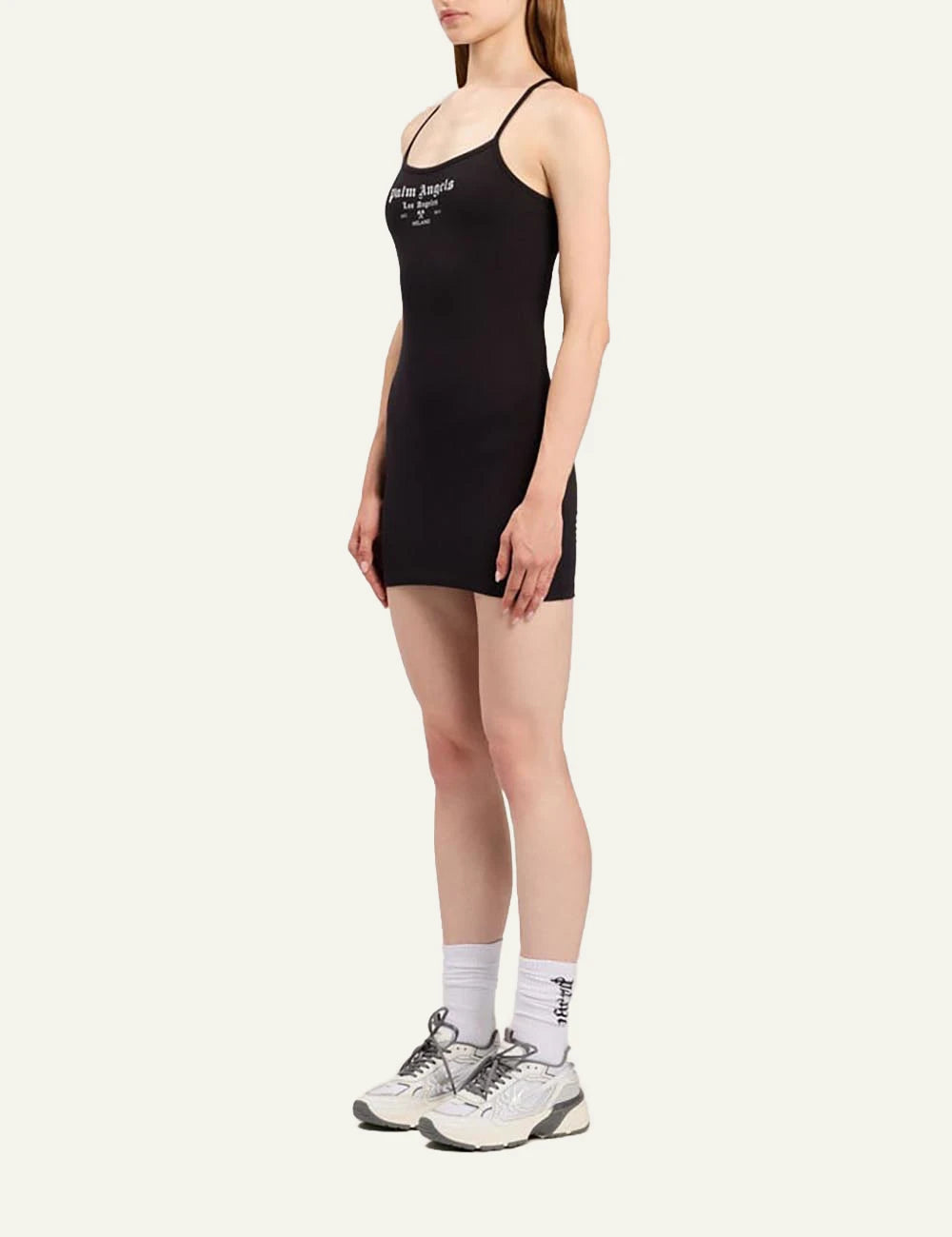 palm angels mini dress black logo front flat view