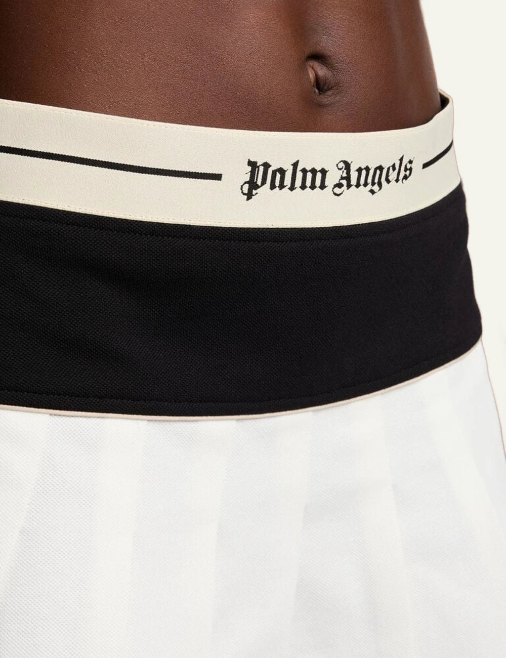 Palm Angels mini skirt pleated black white logo waistband front detail view