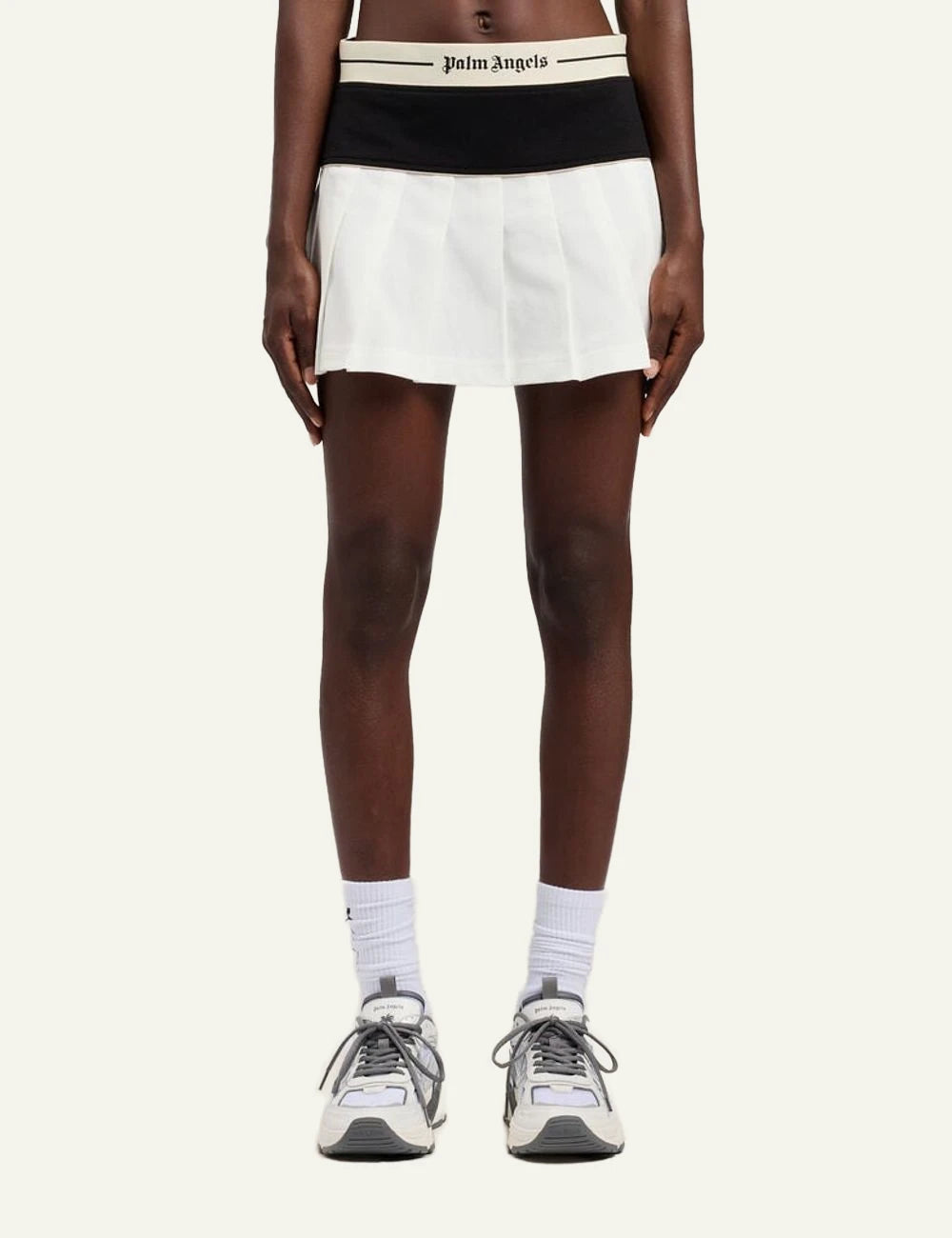 Palm Angels mini skirt pleated black white logo waistband front model view