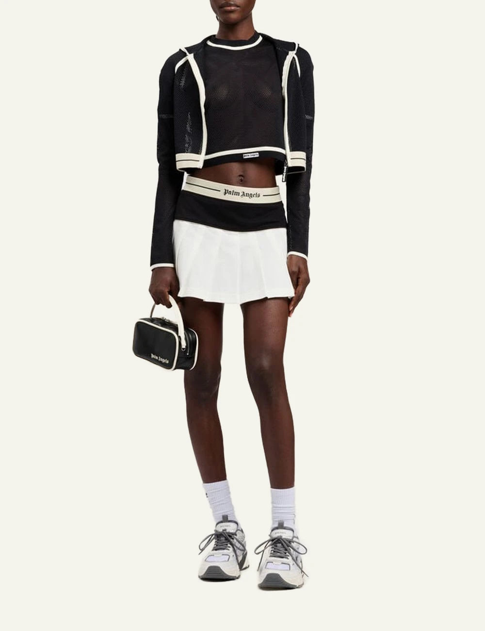 Palm Angels mini skirt pleated black white logo waistband front full body view
