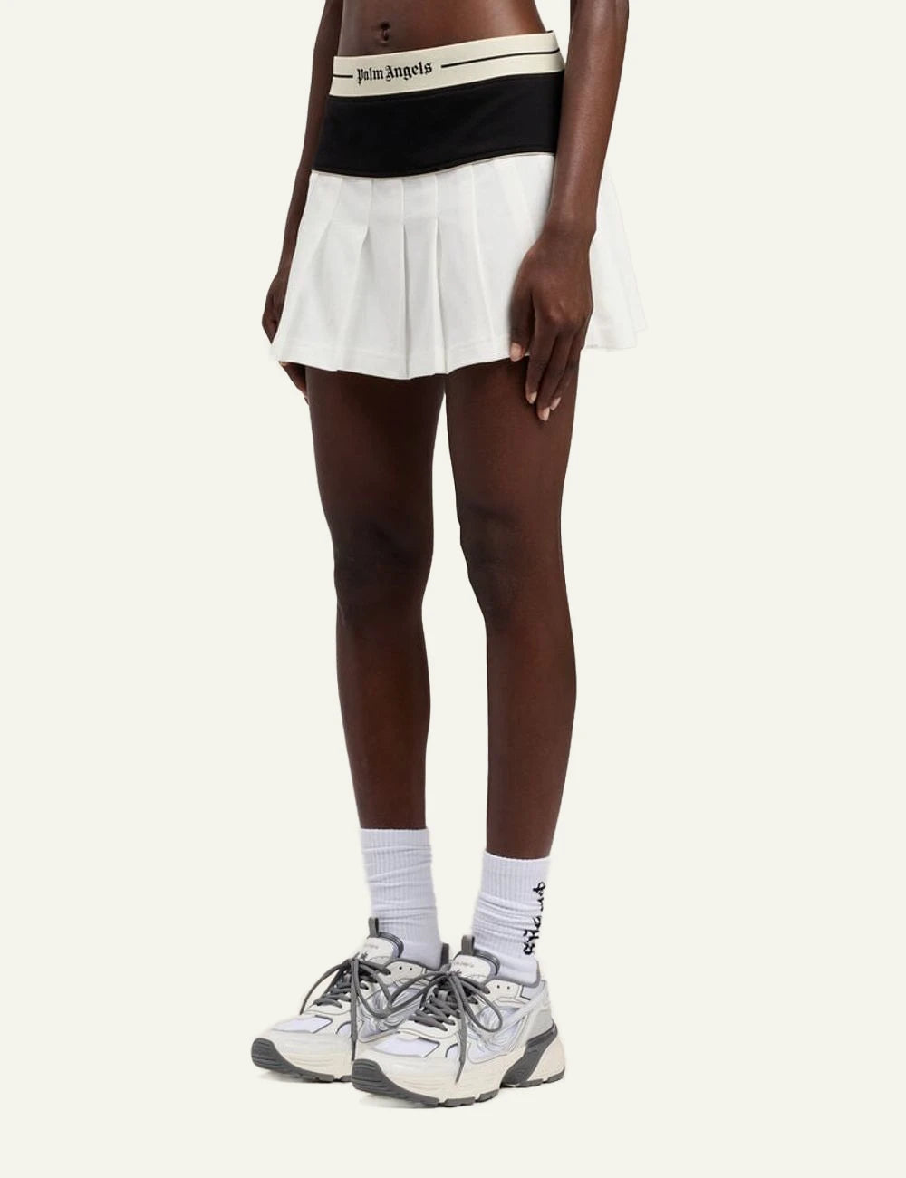 Palm Angels mini skirt pleated black white logo waistband side model view