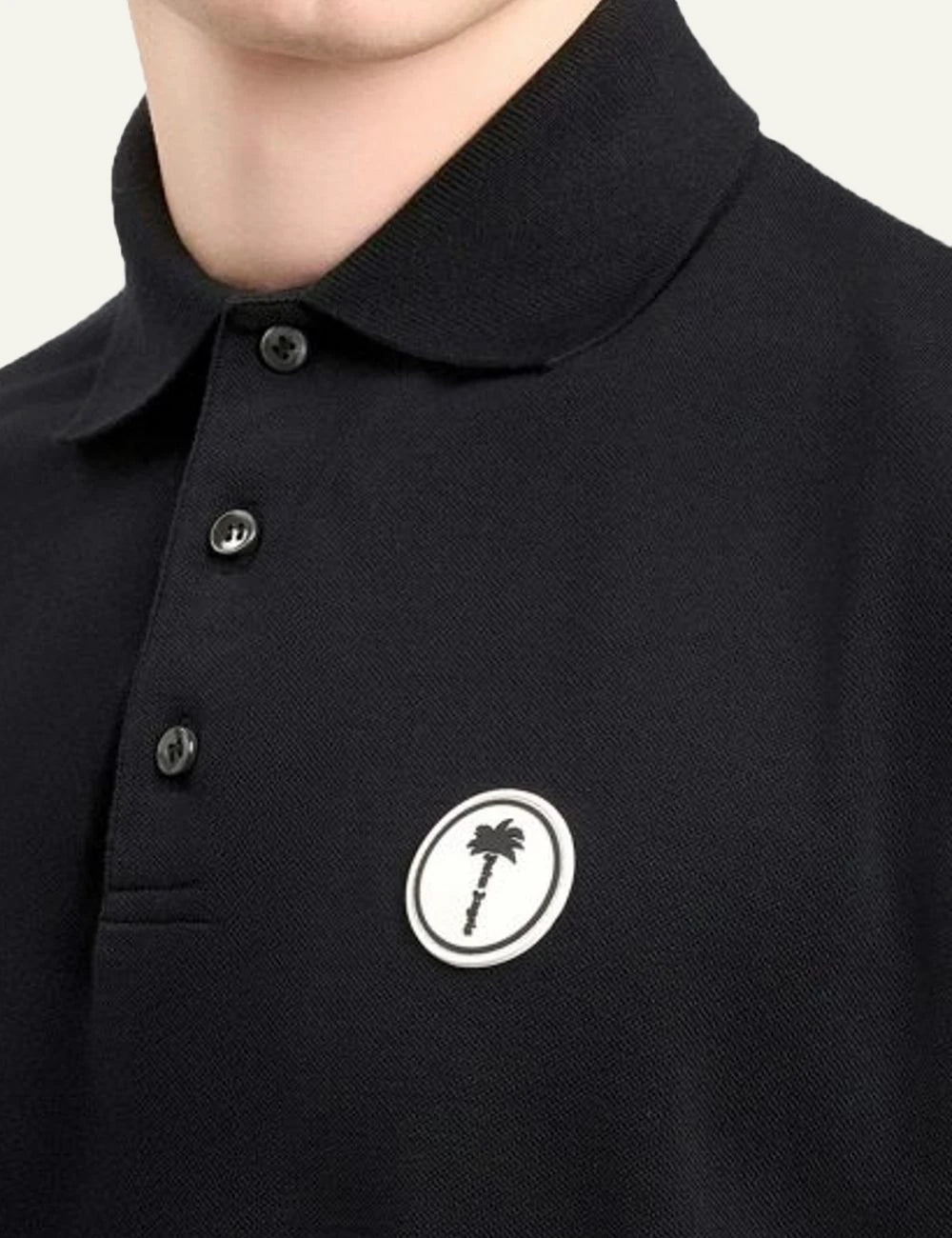 Palm Angels polo black short sleeve tree logo chest front detail view