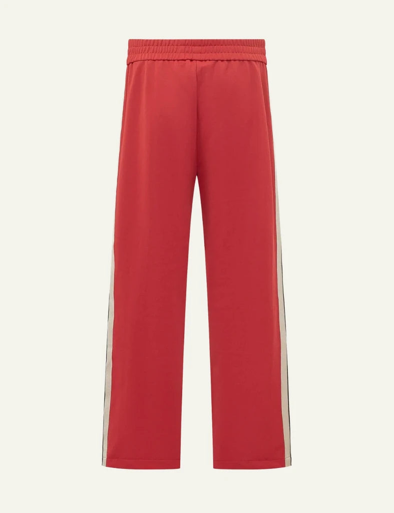 Palm Angels red track pants side stripes logo back flat view