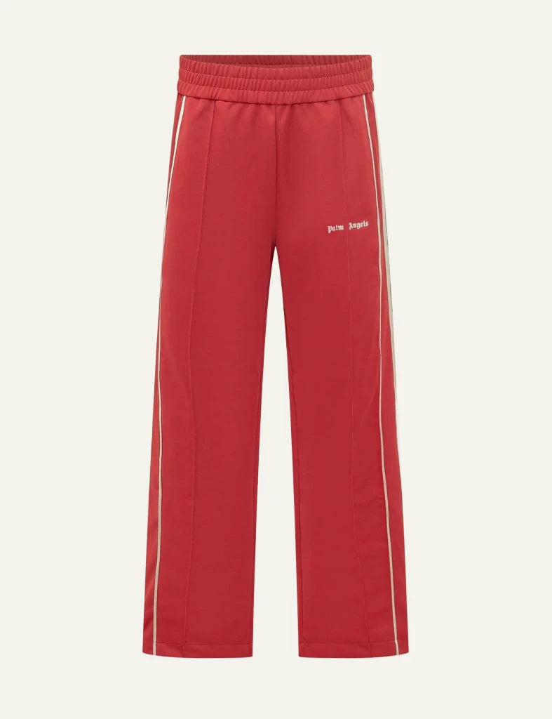 Palm Angels red track pants side stripes logo front flat view