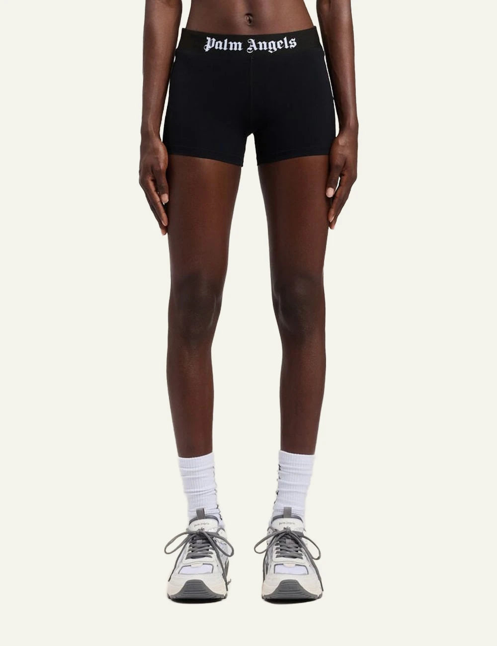 Palm Angels shorts black high rise elastic logo band front model view